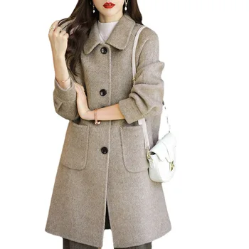 2023 Осенне-зимнее новое маленькое, утолщенное, приталенное шерстяное пальто средней длины, женское деревянное пальто
