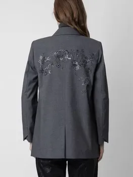 2023 Осенне-зимний женский костюм, пальто с надписью на спине и цветочным рисунком из горячих страз, однобортный повседневный женский блейзер с длинным рукавом