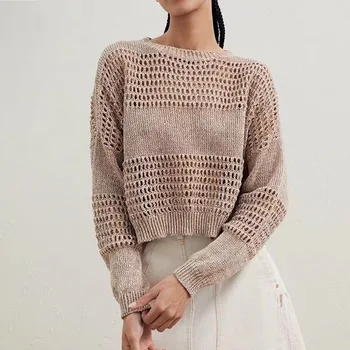 94% Льняной вязаный свитер Mujer 2023, Весна-осень, Повседневные Элегантные пуловеры с круглым вырезом, Роскошная дизайнерская женская одежда