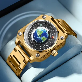BINBOND Новый дизайн Модные кварцевые часы с циферблатом Blue Planet из нержавеющей стали Водонепроницаемые мужские часы Лучший бренд класса Люкс