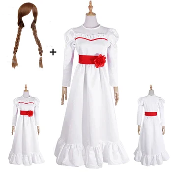 ConjingDoll Annabelle, Белое платье ужасов на Хэллоуин, косплей, Аниме-игра, Женские платья с длинным рукавом и круглым вырезом