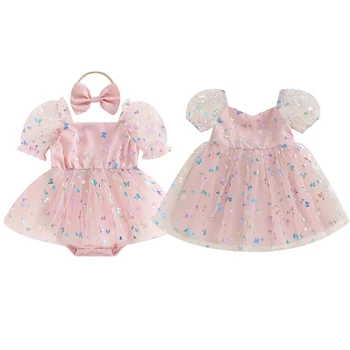 FOCUSNORM/Комбинезон/платье для маленьких девочек для малышей от 0 до 4 лет, Сетчатые комбинезоны с короткими пышными рукавами, кружевные фатиновые комбинезоны с бабочкой, Платье с лентой для волос