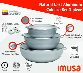 Imusa 3 шт. Набор для приготовления кальдеро или жаровен из колумбийского литого алюминия с крышкой