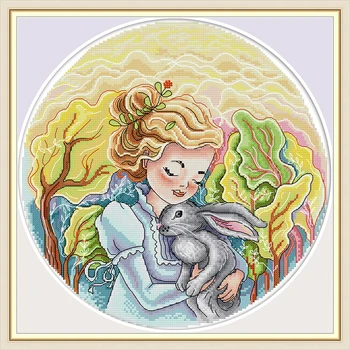 Joy Sunday Набор для вышивания крестиком с предварительной печатью Easy Pattern Aida Набор для вышивания из тисненой ткани-Девочка и кролик