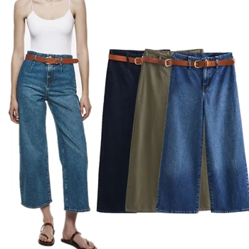 Maxdutti Американские ретро Однотонные джинсовые брюки с высокой талией, джинсы с широкими штанинами, повседневные джинсы Mommy Для женщин с поясом, свободные женские щиколотки