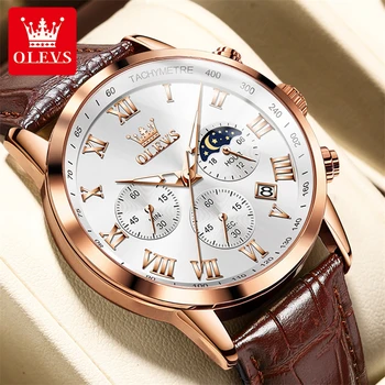 OLEVS 5529 Водонепроницаемые кварцевые часы с хронографом для мужчин Люксового бренда Business Sport, светящиеся мужские наручные часы с кожаным ремешком, часы