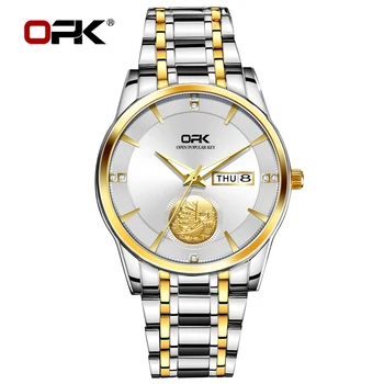 OPK Dragon Design Золотые часы для мужчин Календарь Неделя Светящиеся водонепроницаемые наручные часы из нержавеющей стали Роскошные мужские кварцевые Оригинальные