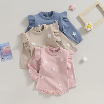 Pudcoco/ Вязаный свитер для маленьких девочек, комбинезон с цветочной вышивкой, комбинезоны с длинными рукавами для новорожденных, милая одежда для малышей 0-18 м