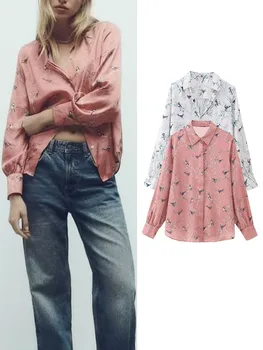 TRAF Fashion 2023 Летняя женская блузка с принтом, Новая мода, отложной воротник, однобортные тонкие рубашки с длинными рукавами, два цвета