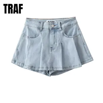 TRAF, Женская мода, весна-осень, плиссированные Широкие прямые джинсовые брюки, уличная одежда с высокой талией, шикарные женские джинсовые брюки