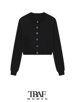 TRAF Женская мода, укороченный вязаный кардиган на пуговицах спереди, свитер, Винтажная Женская верхняя одежда с круглым вырезом и длинными рукавами, Шикарные топы
