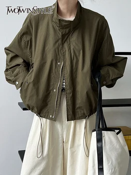 TWOTWINSTYLE, однотонные куртки на шнуровке для женщин, воротник-стойка, длинный рукав, лоскутная застежка-молния, винтажная повседневная куртка Женская 2023
