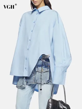 VGH Однотонная Свободная минималистичная блузка неправильной формы для женщин, Однобортная повседневная рубашка в стиле пэчворк с длинным рукавом и лацканами, женская мода