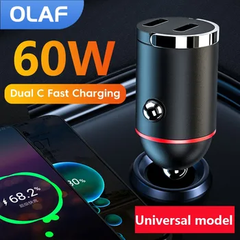 Автомобильное зарядное устройство Olaf 60 Вт, тип C, сверхбыстрая зарядка, два порта QC3.0 PD, адаптер зарядного устройства для автомобильного телефона iPhone Xiaomi Huawei Samsung