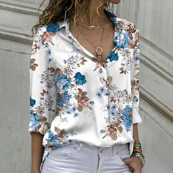 Весенне-летняя модная женская свободная повседневная рубашка с длинными рукавами и принтом, элегантная женская однобортная офисная рубашка с лацканами
