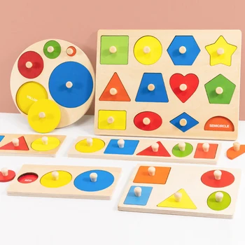 Деревянные пазлы с ручкой на доске, красочные пазлы, игрушки для обучения распознаванию цвета, игрушки для раннего образования для детей