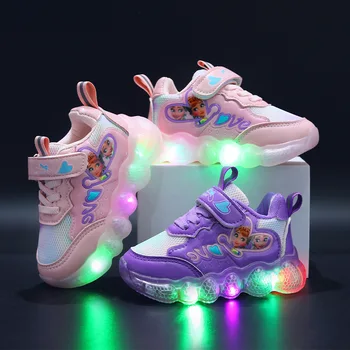 Детская легкая обувь Disney, кроссовки для девочек, весенне-осенняя новая детская обувь из сетчатого материала, светящаяся обувь LDE, повседневная корейская обувь frozen
