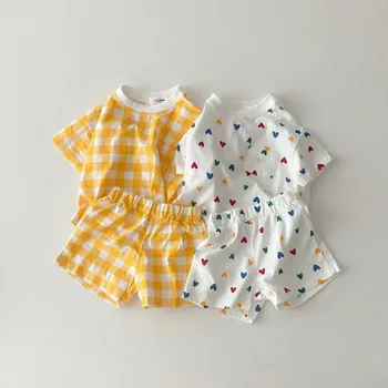 Детская модная хлопковая домашняя одежда в корейском стиле, костюм с короткими рукавами, летняя повседневная футболка в клетку Baby Love, шорты из двух частей