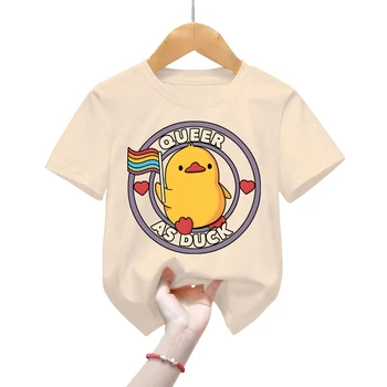 Детская футболка с принтом Queer As Duck, забавная футболка с мультяшными животными, модные летние топы Y2k для девочек, одежда с милой уткой для маленьких мальчиков