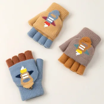 Детские перчатки с откидывающимися полупальцами, зимние флисовые перчатки для девочек с рисунком из мультфильма 