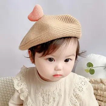 Детский зимний берет, Очаровательные Вязаные шапочки-береты для детей, декор в виде сердца, Ветрозащитный, теплый для зимы, Осенний реквизит для фотосъемки. Погода
