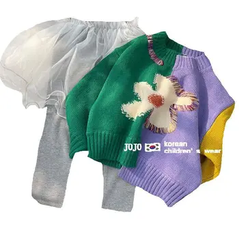 Детский свитер, трикотаж, Новый модный пуловер с цветочным узором для девочек, Корейский вариант, свитер с цветным блоком, весна и осень