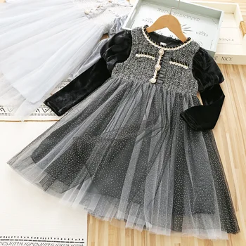 Детское осеннее платье с длинным рукавом оптом 2023 Модные газовые платья с бархатной строчкой для девочек, детская одежда
