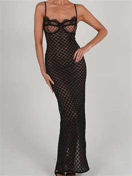 Длинные платья с цветочным рисунком в стиле CHRONSTYLE для женщин, сексуальное прозрачное платье без рукавов на бретельках, Вечернее коктейльное платье с разрезом сзади, Черное Vestidos