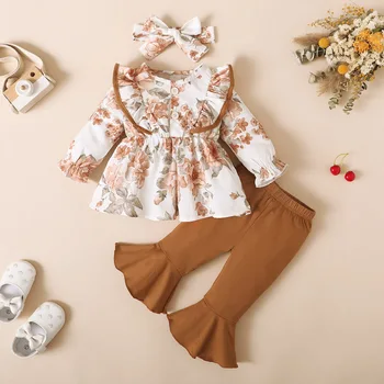 для новорожденных девочек 0-2 лет, весенне-осенний жакет с цветочным принтом на пуговицах и коричневые брюки-клеш, костюм