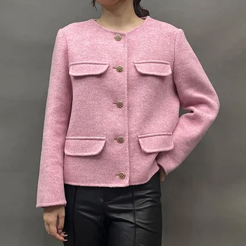 Женская короткая шерстяная куртка, мягкое теплое пальто, пальто из натуральной шерсти с карманом, зима-осень WB5798S
