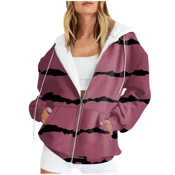 Женская модная повседневная куртка-свитер с длинными рукавами и полосатым принтом, капюшоном на молнии, подходящая для осенне-зимнего утолщенного пальто
