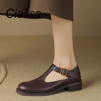 Женская обувь Cialisa 2023, Модные женские туфли-лодочки из натуральной кожи с круглым носком, Повседневные Женские туфли ручной работы на среднем каблуке, Коричневый, Черный, Размер 42