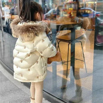 Зимняя хлопчатобумажная куртка для девочек 2023 года на пуху с капюшоном, меховым воротником, застежкой-молнией, теплая детская одежда из плюша, Корейская мода 5-12 лет