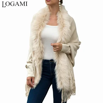 Кардиган с воротником из искусственного меха LOGAMI, пончо, однотонное пальто с кисточками, Женская повседневная Свободная шаль