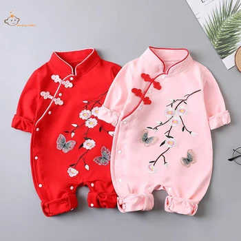 Китайский Традиционный комбинезон для новорожденных девочек butterfly Hanfu Red Tang Suit Romper Китайские новогодние наряды на День Рождения