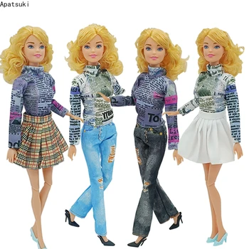 Комплект одежды в газетном стиле для куклы Барби, модный топ с буквенным принтом, юбка, Брюки, Обувь для кукол Barbie 1/6, аксессуары для кукол