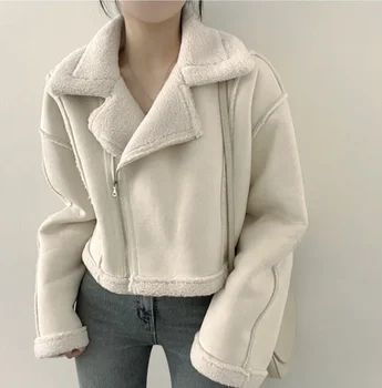 Корейская меховая интегрированная замшевая куртка, короткая и маленькая мотоциклетная куртка из ретро-плюша и утолщенной ткани