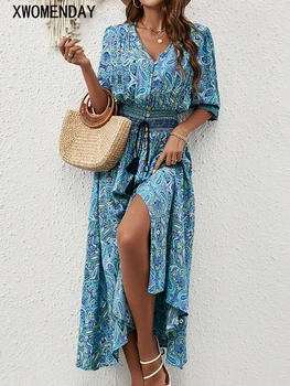 Летние длинные платья Для женщин, повседневное пляжное платье в стиле бохо с голубым принтом, повязка с разрезом, модная пуговица с V-образным вырезом, новинка в платьях 2023 года