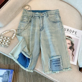 Летние женские джинсы в стиле пэчворк с рваными дырками, повседневные винтажные Свободные потертые простые уютные джинсовые прямые брюки средней длины