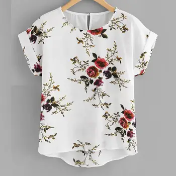 Летняя модная блузка с цветочным принтом, пуловер, женская футболка с круглым вырезом, топы, Женская рубашка с коротким рукавом, Blusas Femininas Clothing