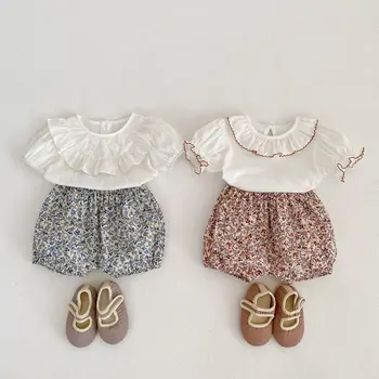 Летняя одежда для малышей, однотонная универсальная хлопковая детская рубашка с короткими рукавами + шорты с цветочным рисунком, комплект из двух предметов, комплект одежды для маленьких девочек