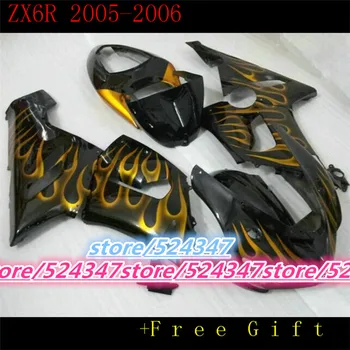Лидер продаж на рынке для Ninja ZX6R 05 06 ZX6R, 636, 2005, 2006 гладкий чернильно-черный мотоциклетный обтекатель оранжевого пламени-Fei