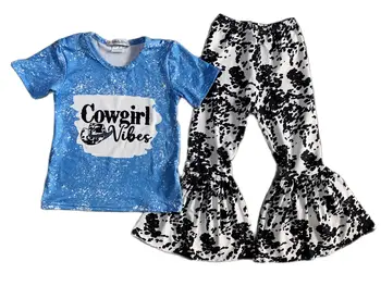 Модная одежда для маленьких девочек, топы с короткими рукавами и круглым вырезом и буквенным принтом + расклешенные брюки