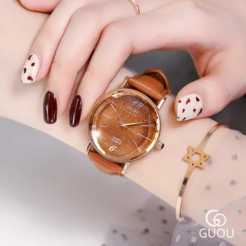 Модные Guou топ бренд женские звездное небо кварцевые модули ветру интернет-знаменитостью же водонепроницаемый ремень из натуральной кожи наручные часы