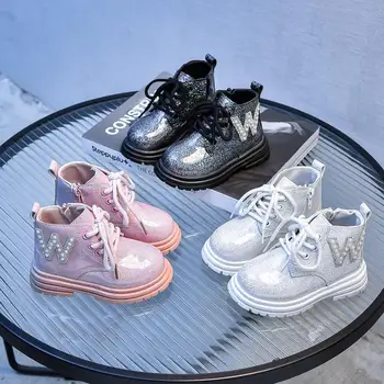 Модные ботинки Congme для детей, Корейские плюшевые ботинки Martin с жемчугом для девочек, нескользящие ботинки на молнии сбоку для малышей, обувь