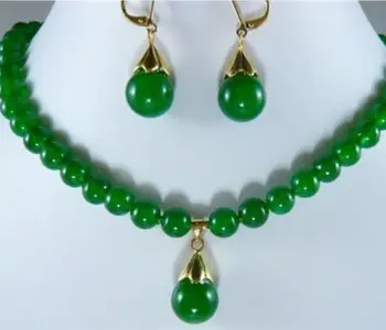 Модные серьги из натурального зеленого нефрита 10 мм, ожерелье, набор из 18 дюймов