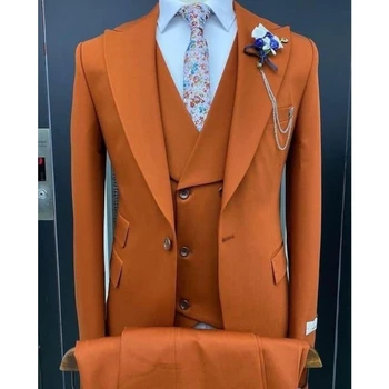 Модные темно-оранжевые мужские костюмы Slim Fit, деловой смокинг для джентльменов, свадебные костюмы жениха, комплект из 3 предметов (блейзер + брюки + жилет)