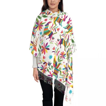 Модный мексиканский шарф ручной работы Otomi с кисточками, женские зимние осенние теплые шали, палантины, женские шарфы с цветочной текстурой животного происхождения