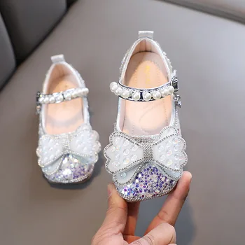 Мягкая Детская модная обувь для девочек Со стразами и жемчужным бантом Обувь принцессы для вечеринок, свадебных шоу, обувь для танцев с блестками H991
