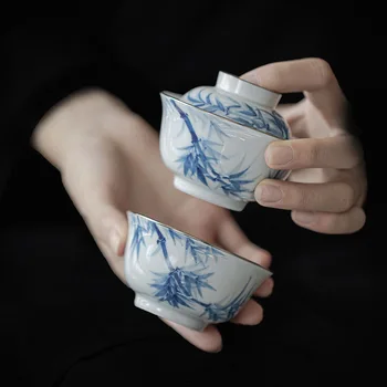 набор бамбуковых керамических чайных чашек ручной росписи объемом 90 мл С синей и белой крышкой, Чаша, 1 Чайная чаша, 1 Чашка С сумкой для хранения